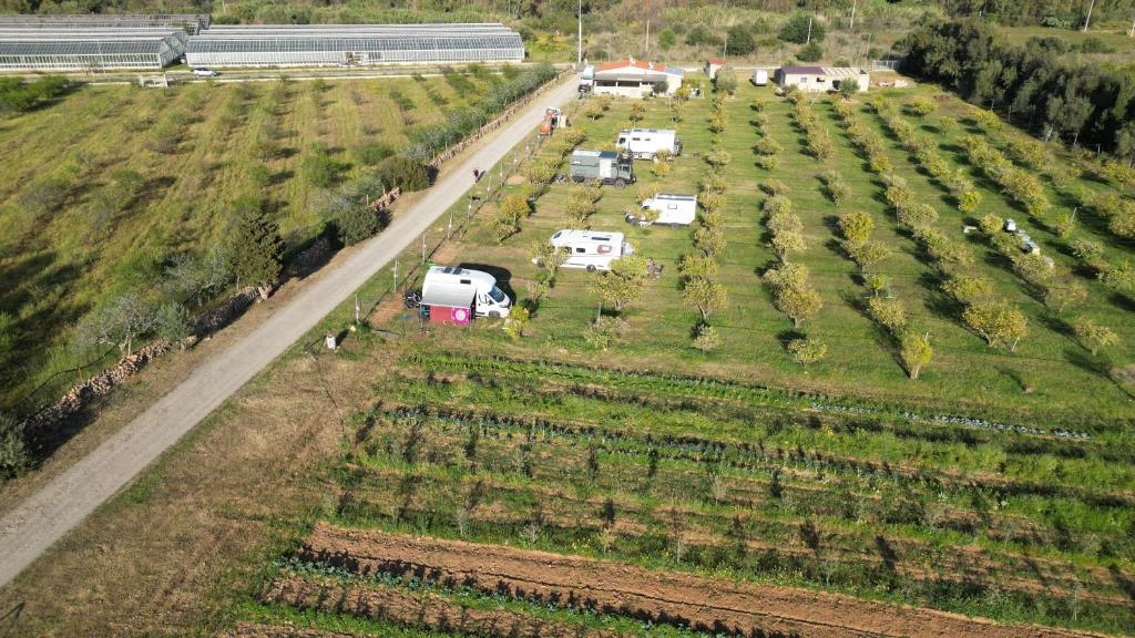 een luchtfoto van een boerderij met voertuigen geparkeerd op een weg bij Tenuta Naturale in Villa San Pietro