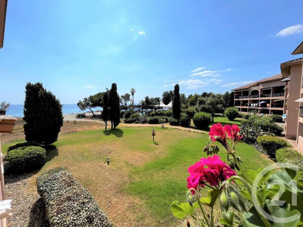 Blick auf einen Garten mit rosa Blumen in der Unterkunft Les pieds dans l'eau in San-Nicolao