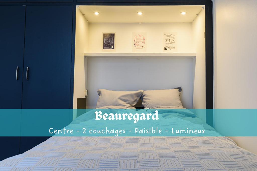 - une chambre avec un grand lit et des armoires bleues dans l'établissement Proche centre, 2 couchages, calme, lumineux, à Amiens