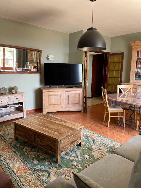 salon z telewizorem z płaskim ekranem i stolikiem kawowym w obiekcie Maison accueillante avec vue sur la mer à Grosseto-Prugna w mieście Grosseto-Prugna