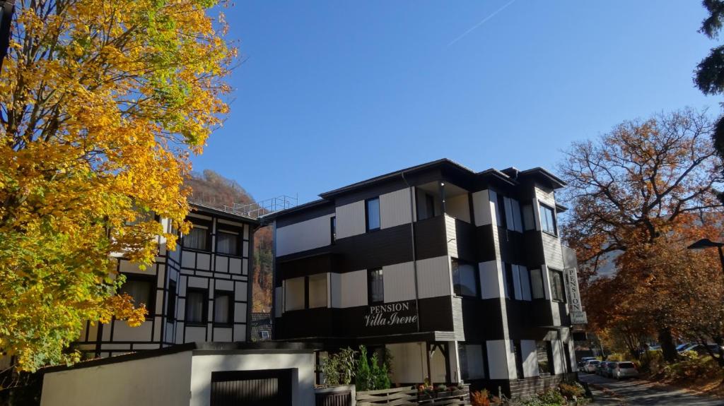 un edificio de oficinas con un edificio en blanco y negro en Pension Villa Irene, en Bad Harzburg