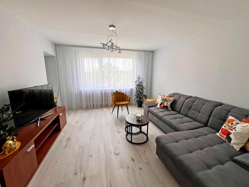 a living room with a couch and a television at Tytuvėnai-trumpalaikė nuoma in Tytuvėnai