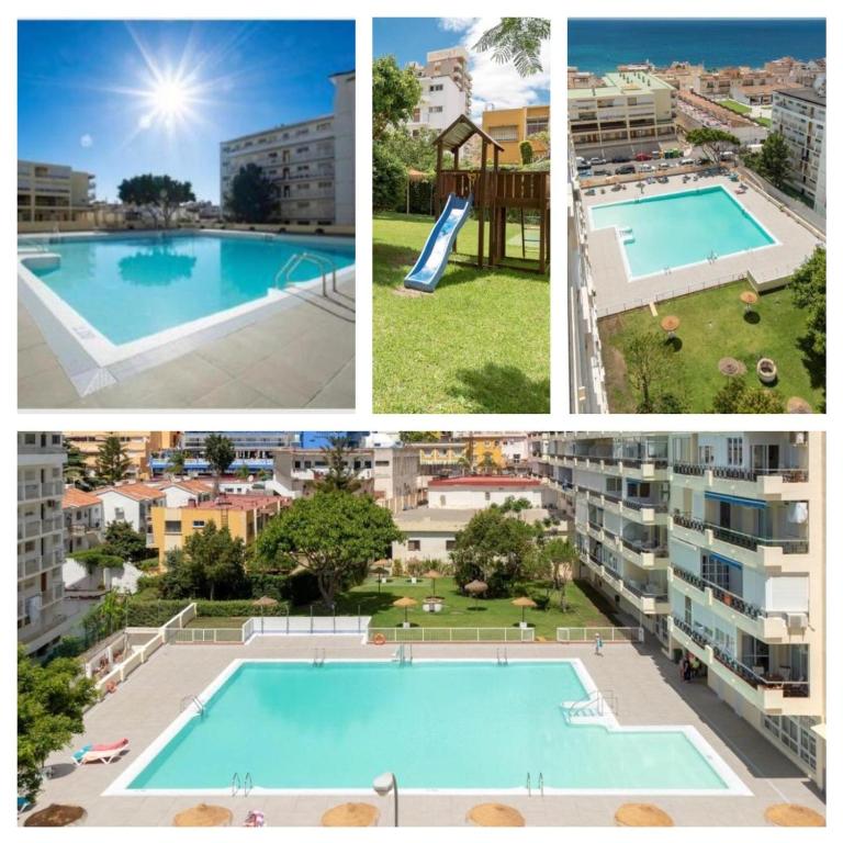 a collage of four pictures of a swimming pool at Carihuela Beach in Torremolinos