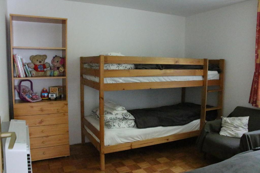 a bedroom with two bunk beds and a chair at Páfrány - Lak in Mátraszentimre