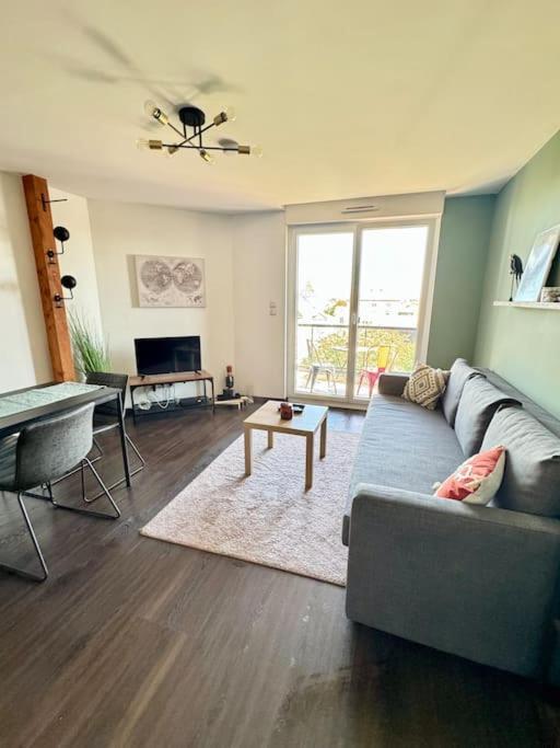 un salon avec un canapé et une table dans l'établissement Évasion douillette, charmant 2 pieces 20 minutes de Strasbourg, à Erstein