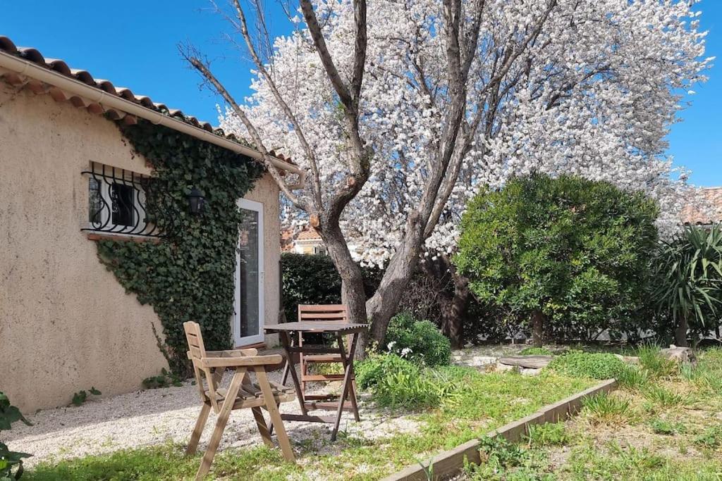 une table et une chaise devant une maison avec un arbre en fleurs dans l'établissement Maisonnette et jardin à 5mn de la plage La Ciotat, à Ceyreste