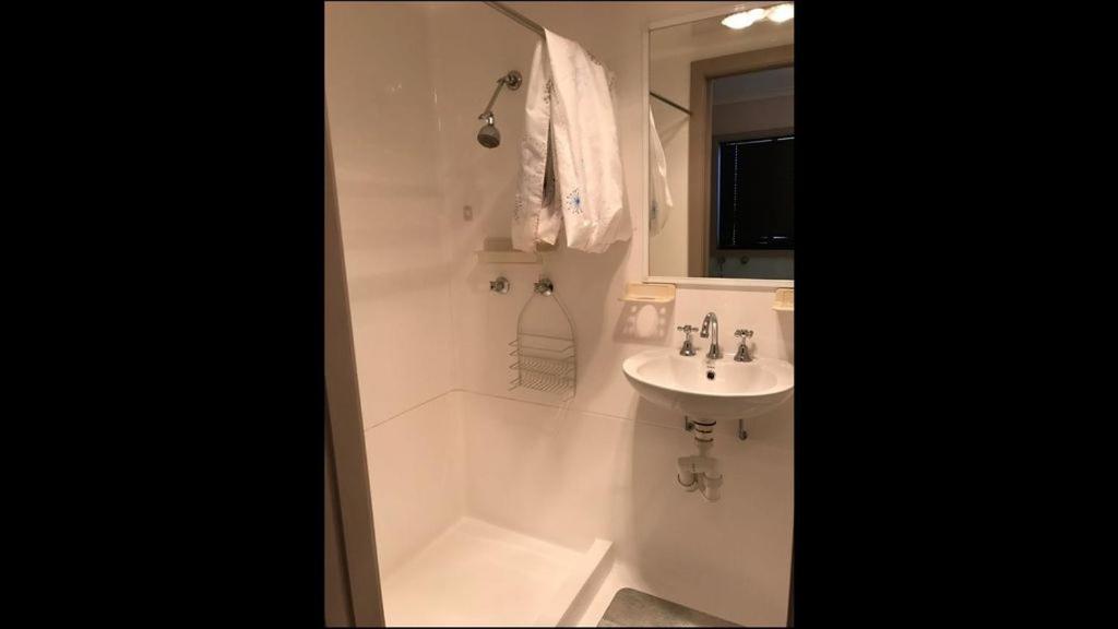 un bagno bianco con doccia e lavandino di Moonbah Loft a Moonbah