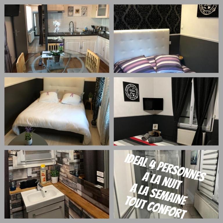 un collage de photos d'une cuisine et d'une chambre dans l'établissement Bel Appartement 4 personnes bien placé, à Boulogne-sur-Mer