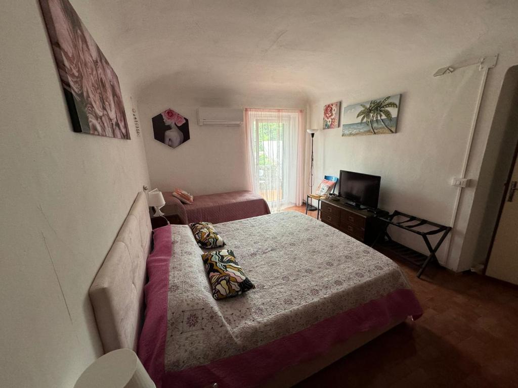 une chambre d'hôtel avec deux lits et une télévision dans l'établissement La terrazza di Ameglia alta - relax nel borgo Ligure, à Ameglia