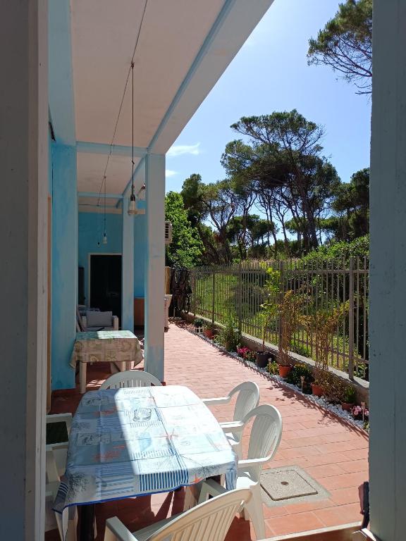 patio ze stołem i krzesłami na ganku w obiekcie Bibbona Summer - Pineta 1 - w mieście Marina di Bibbona