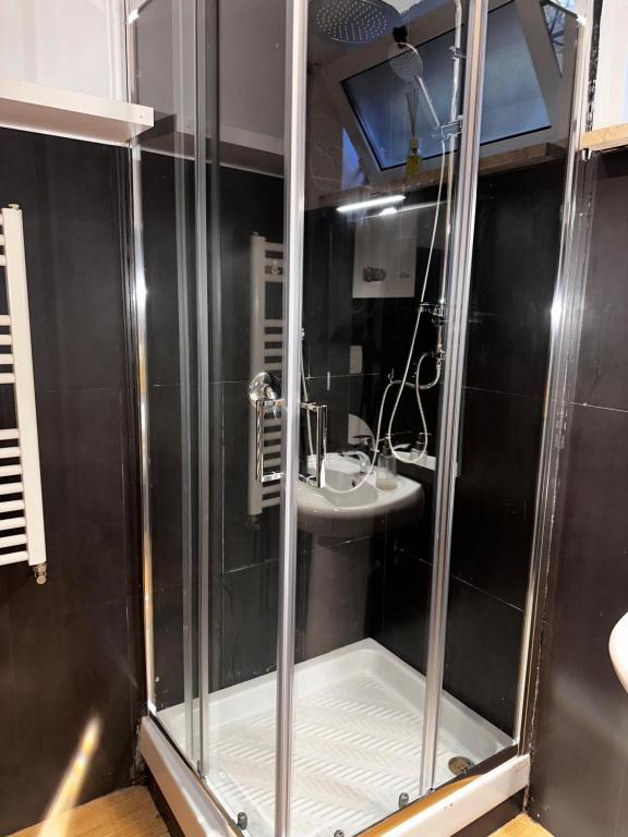 a bathroom with a shower with a sink at Casa di Nia Pietralata in Rome