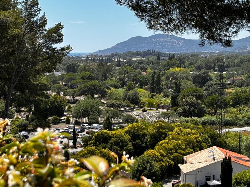 a view of a town with trees and a mountain at Mondello Hotellerie&Consultant : Appartement de standing 47m2 avec piscine Cannes in Cannes