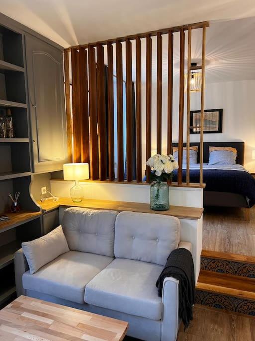 un salon avec un canapé et un lit dans l'établissement Grand Studio Ceo Bauer, en plein centre de Sainte-Mère-Eglise pour 2 pers, à Sainte-Mère-Église
