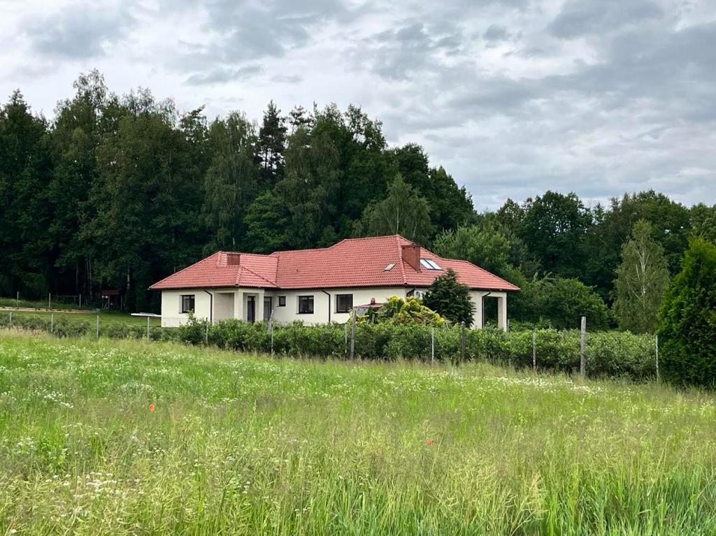 a white house with a red roof in a field at Blisko me in Wieprz