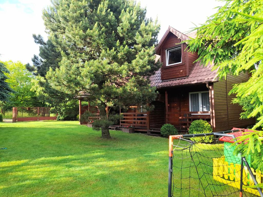 a house with a tree in the yard at Chłopy Domki u Jacola in Chłopy