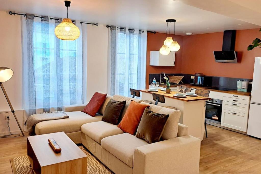 ein Wohnzimmer mit Sofa und eine Küche in der Unterkunft Coup de Cœur D'Auxerre in Auxerre