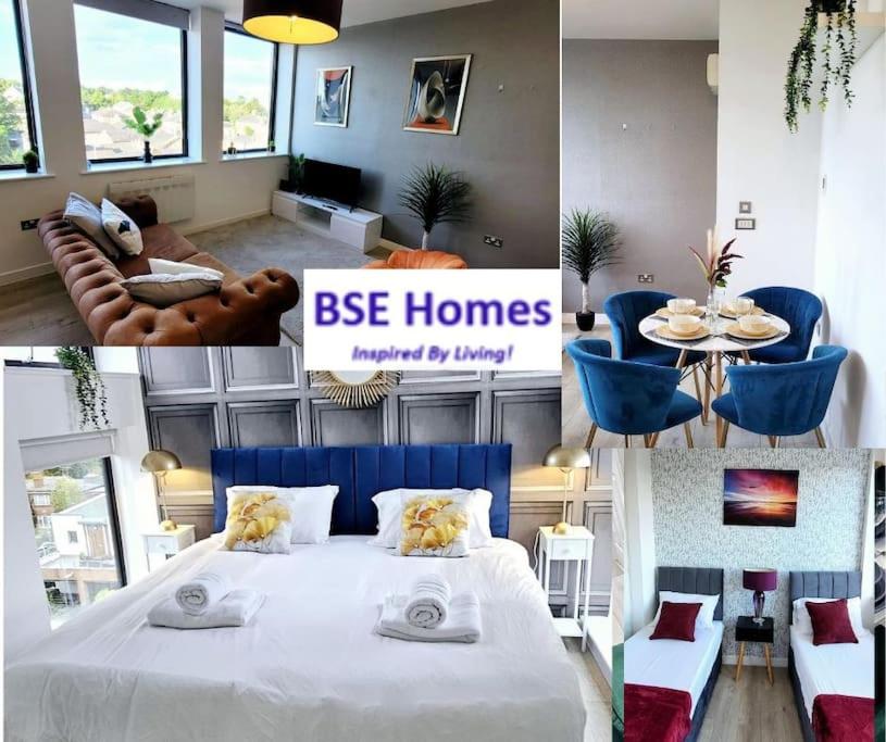 a large bedroom with a large bed and a living room at City view luxury by BSE Homes in Chelmsford