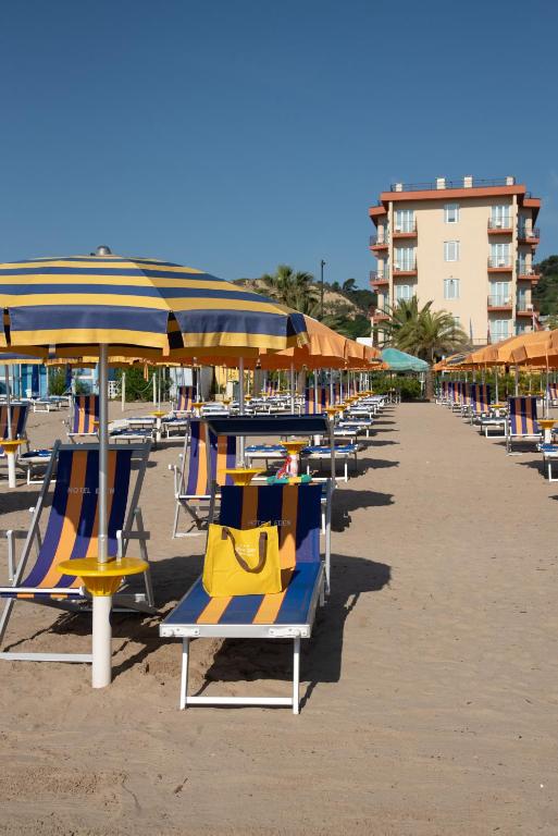 a row of chairs and umbrellas on a beach at Hotel Eden in Grottammare