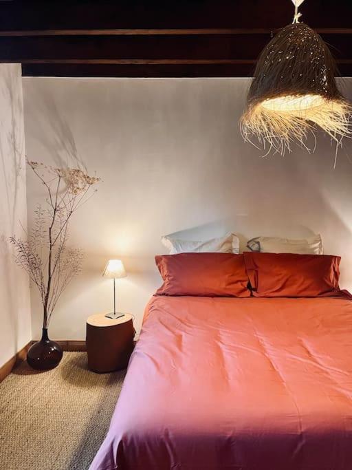 - une chambre avec un lit et une couette rose dans l'établissement Le gîte des filles en bottes, à Saint-Georges-de-Reintembault