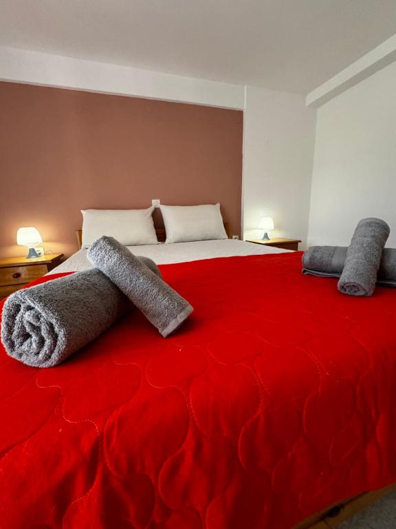 a large red bed with two towels on it at Raches Prime Apartments in Paralia Rachon