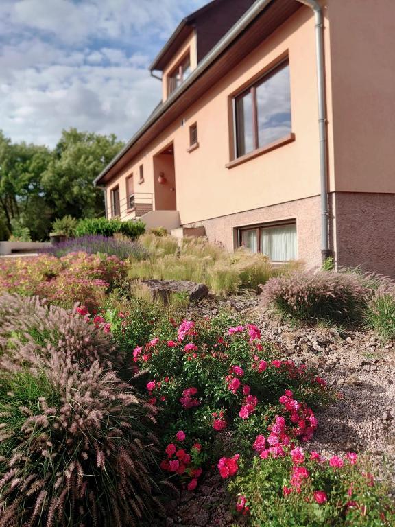 une maison avec des fleurs roses devant elle dans l'établissement LA MAISON BERMA, à Westhoffen