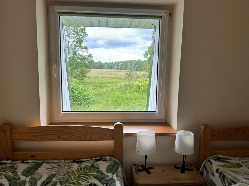 a bedroom with two beds and a window with a view at Dom nad morzem w Pleśnej in Pleśna