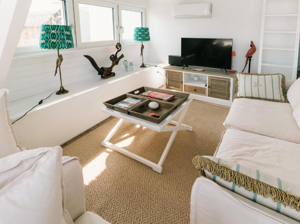 Televízia a/alebo spoločenská miestnosť v ubytovaní Seehütte Sonnenschilf - Premium Hide-Away Ferienhaus in Rust direkt am Neusiedlersee