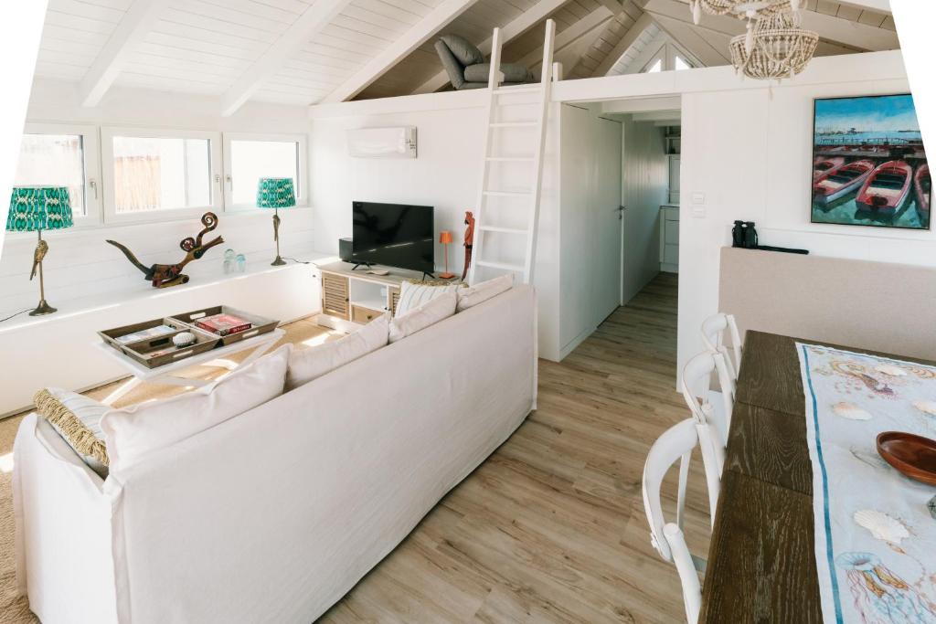 Televízia a/alebo spoločenská miestnosť v ubytovaní Seehütte Sonnenschilf - Premium Hide-Away Ferienhaus in Rust direkt am Neusiedlersee