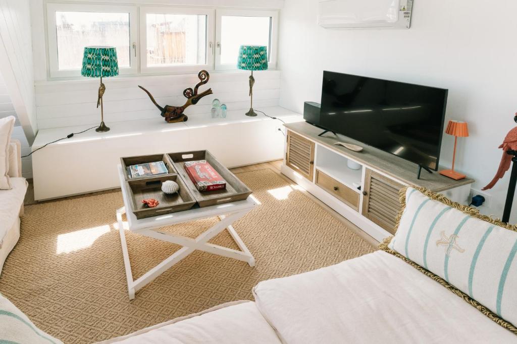 Televízia a/alebo spoločenská miestnosť v ubytovaní Seehütte Sonnenschilf - Premium Hide-Away Ferienhaus in Rust direkt am Neusiedlersee