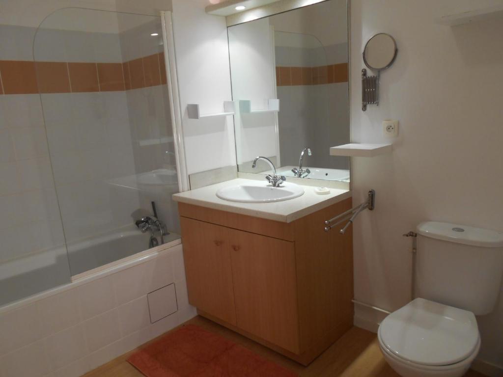 une salle de bains avec lavabo, toilettes et douche dans l'établissement LA MARMOTTE appartement T2 classé 3 étoiles, à Aulus-les-Bains