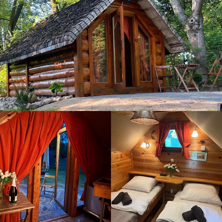 two pictures of a cabin with beds in it at Bungalow Bay Łacha in Łacha
