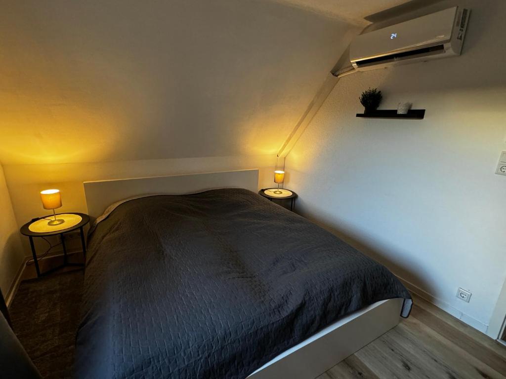 a bedroom with a bed and two lamps on two tables at TingsAppart - Poggenmoor in Neustadt am Rübenberge