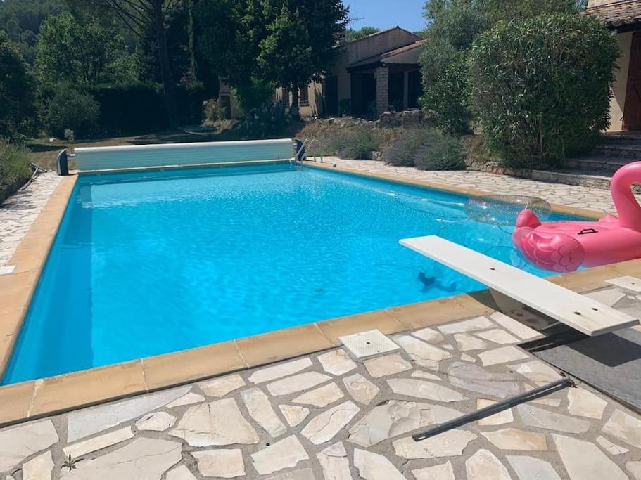 une piscine avec un flamant rose et un flotteur rose dans l'établissement Maison avec piscine, au calme, à Taradeau