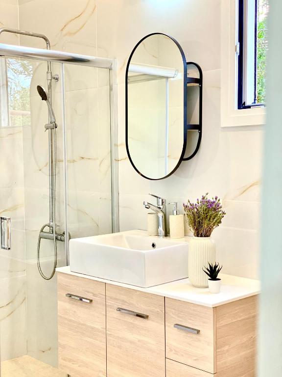 a bathroom with a sink and a mirror at Riverside apartments in Lefkada