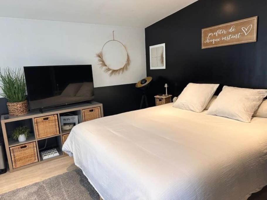 a bedroom with a white bed and a tv at Le Refuge Votre Havre de Paix in Clermont-Ferrand