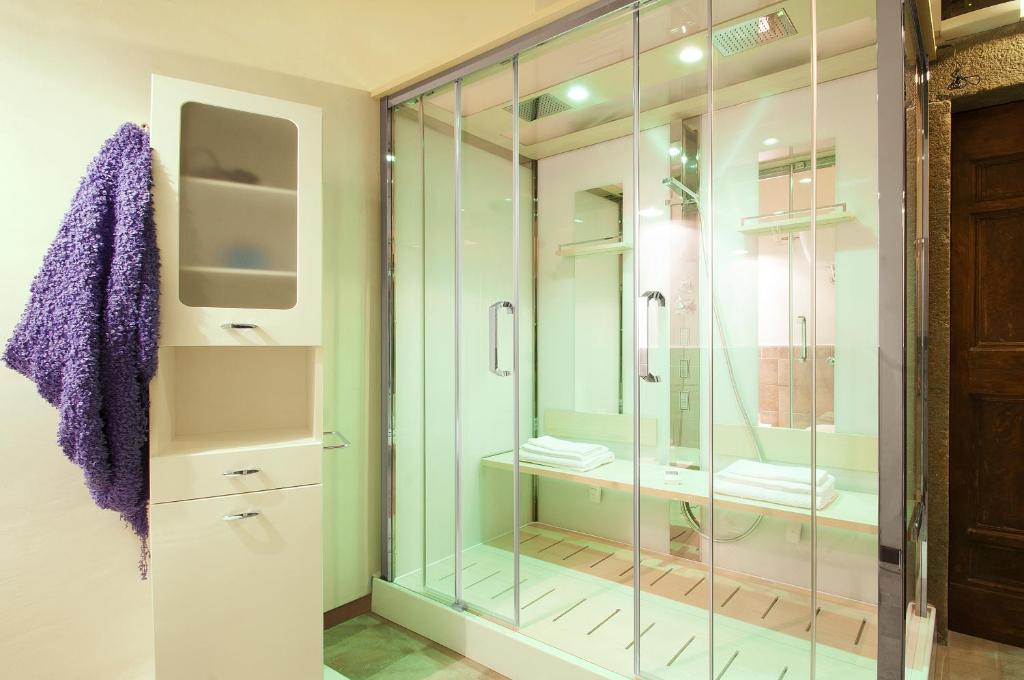 La salle de bains est pourvue d'une cabine de douche en verre et d'une télévision. dans l'établissement A Priori Guest House, à Viterbe