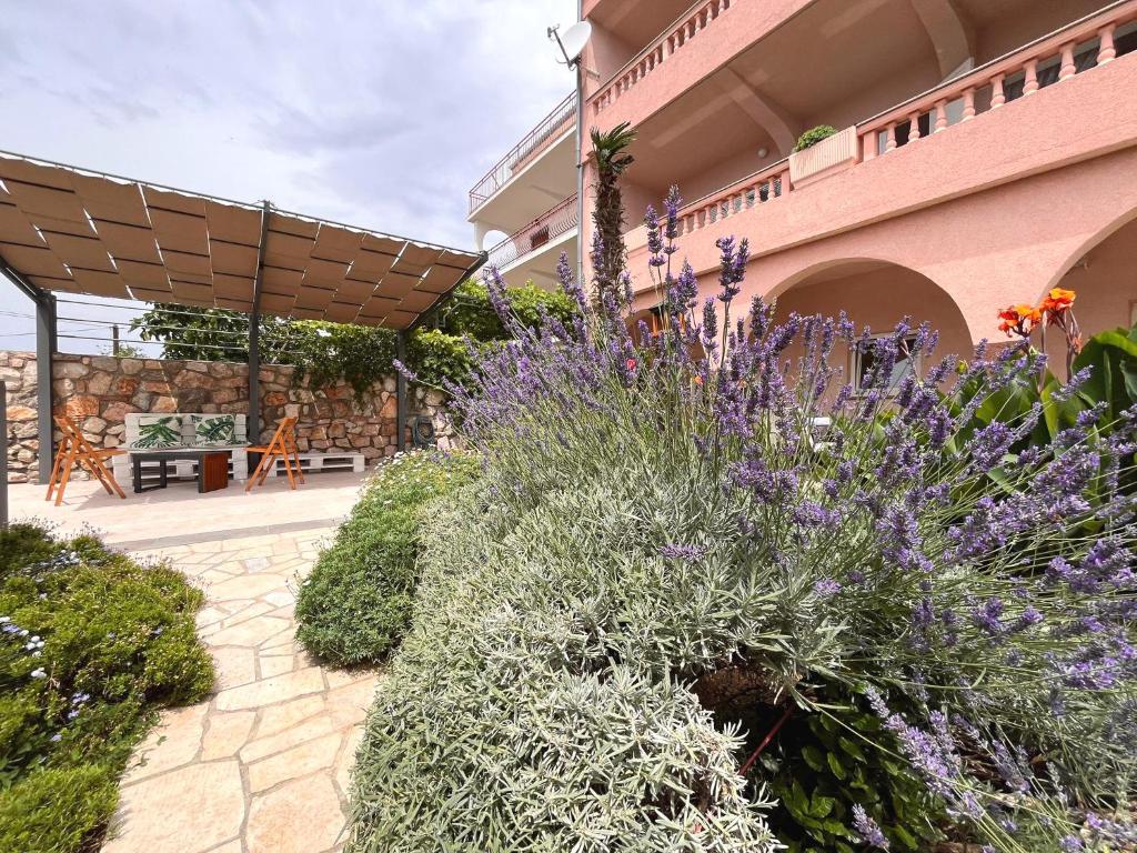a garden with purple flowers next to a building at APP St Marin view Novi Vinodolski in Novi Vinodolski