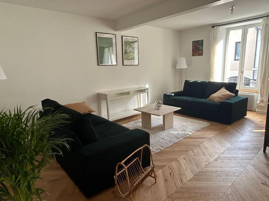 un salon avec un canapé bleu et une table dans l'établissement Charming fully renovated flat in old-town, à Ferney-Voltaire