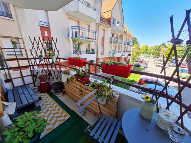 d'un balcon avec des plantes en pot, une table et des chaises. dans l'établissement boucaniers, à Berck-sur-Mer