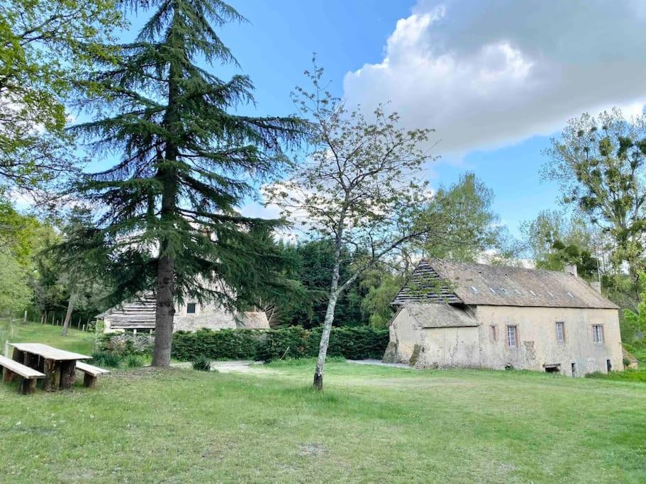 une vieille maison dans un champ avec un arbre et un banc dans l'établissement Moulin de la Caluyére, à Ardenay-sur-Mérize