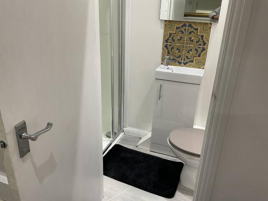 um pequeno banheiro com vaso sanitário e chuveiro em Private apartment with en-suite em Bournemouth