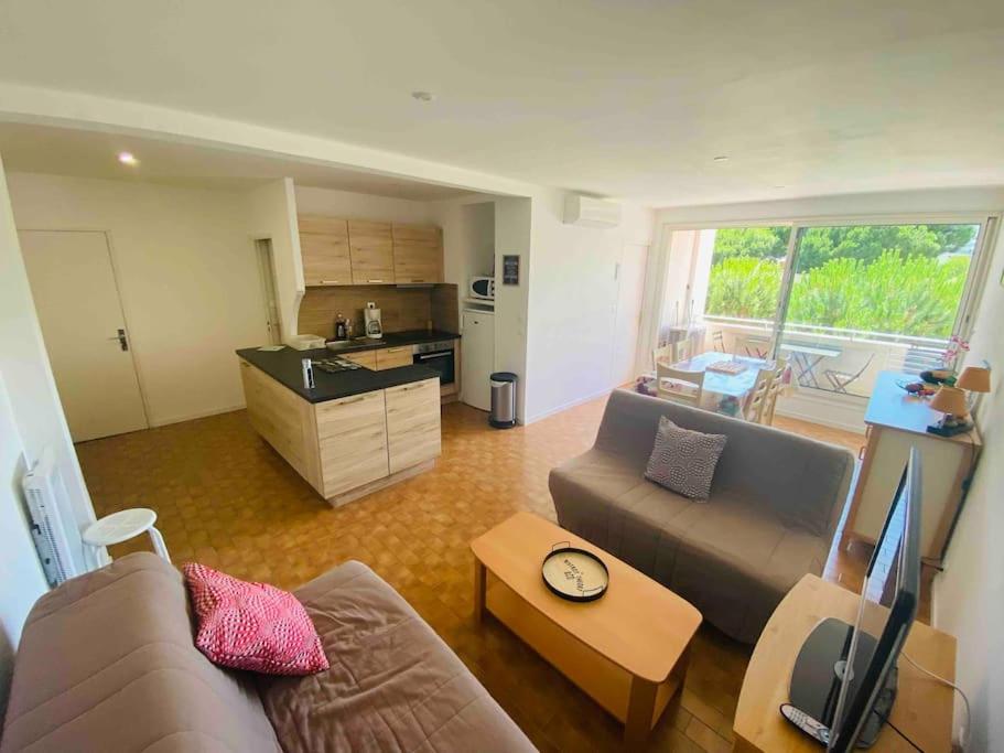 a living room with a couch and a kitchen at T2 centre ville parking prive clim 300m plage in La Grande-Motte