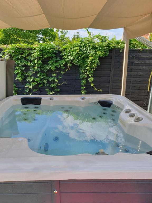 a jacuzzi tub sitting under an umbrella at GOfoREST - 150y Old Vintage Cottage Balaton - max 6 person in Várvölgy