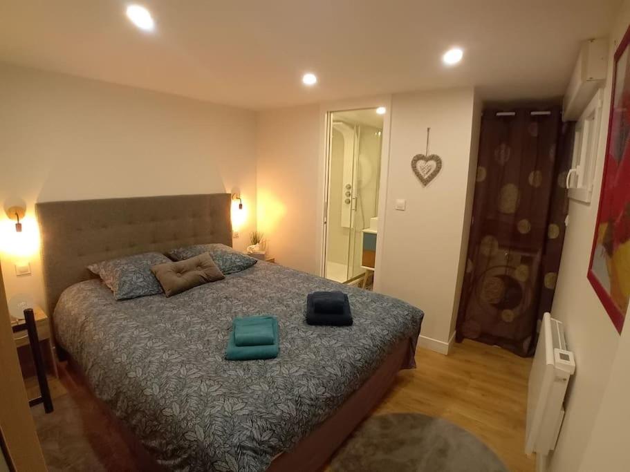 une chambre avec un lit avec deux oreillers verts dessus dans l'établissement Le Cocon Cosy proche gare, à Sainte-Geneviève-des-Bois