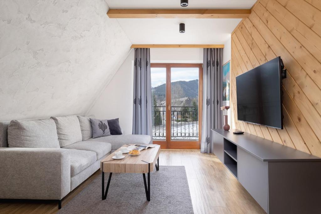 扎科帕内Salwatoriańska Apartments Mountain View Zakopane by Noclegi Renters的客厅里有一张沙发和一台电视