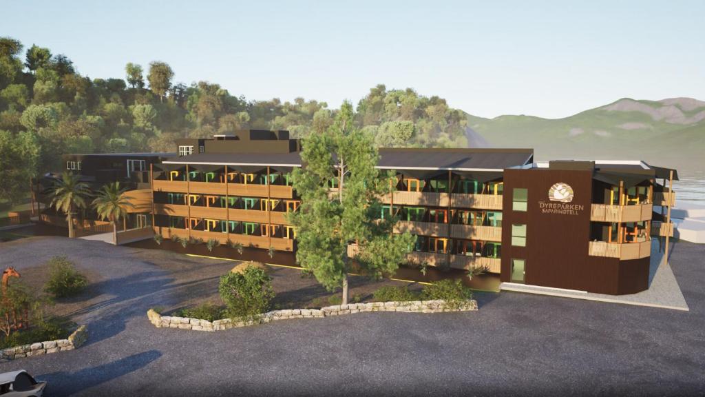 Una representación de un edificio turístico con árboles y montañas. en Dyreparken Safarihotell, en Kristiansand