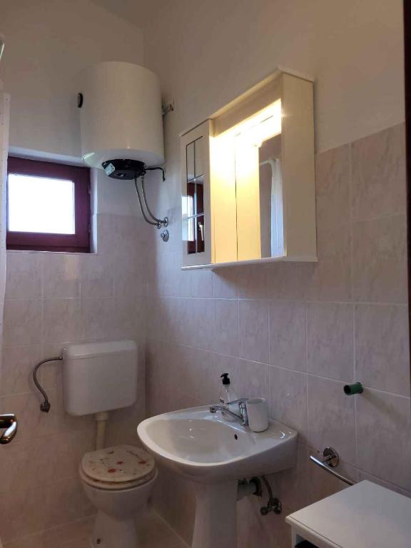 łazienka z umywalką, toaletą i lustrem w obiekcie Apartment Valbandon, Istia 3 w mieście Fondole
