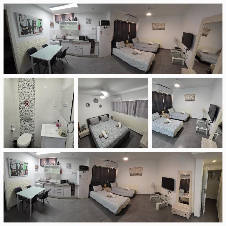 two pictures of a room with two beds and a table at Neviot in Eilat