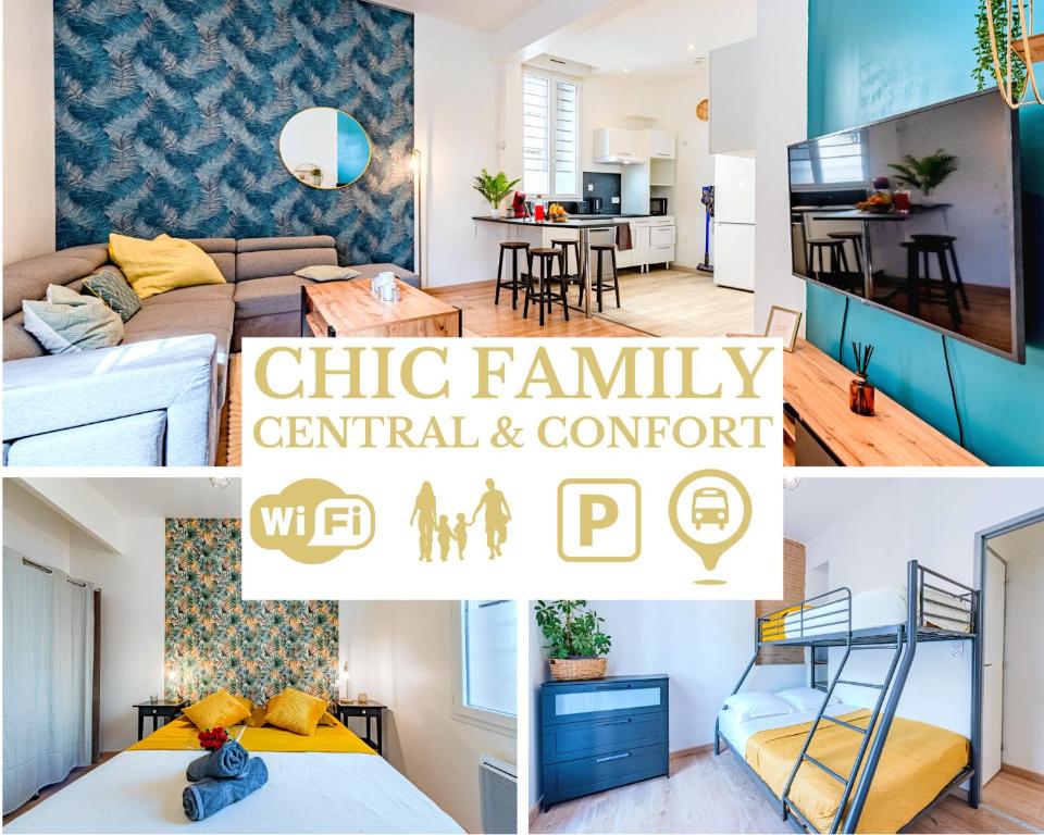 un collage de photos d'un salon et d'un appartement dans l'établissement Chic Family - Neuf & Moderne - Parking Wifi Centre Ville Gare TGV - Confort idéal Famille - OFFRE SPECIALE, à Perpignan