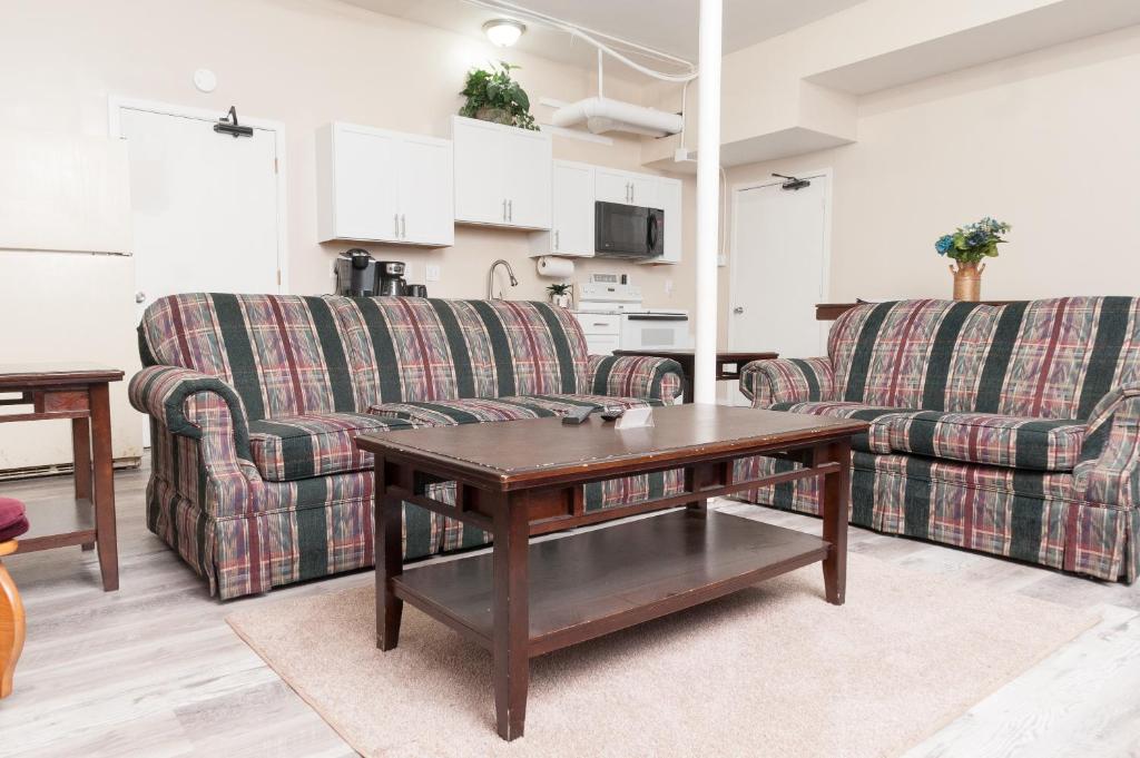 a living room with two couches and a coffee table at 2 Bed, 1 Bath, Lower Level Loft in New Baltimore
